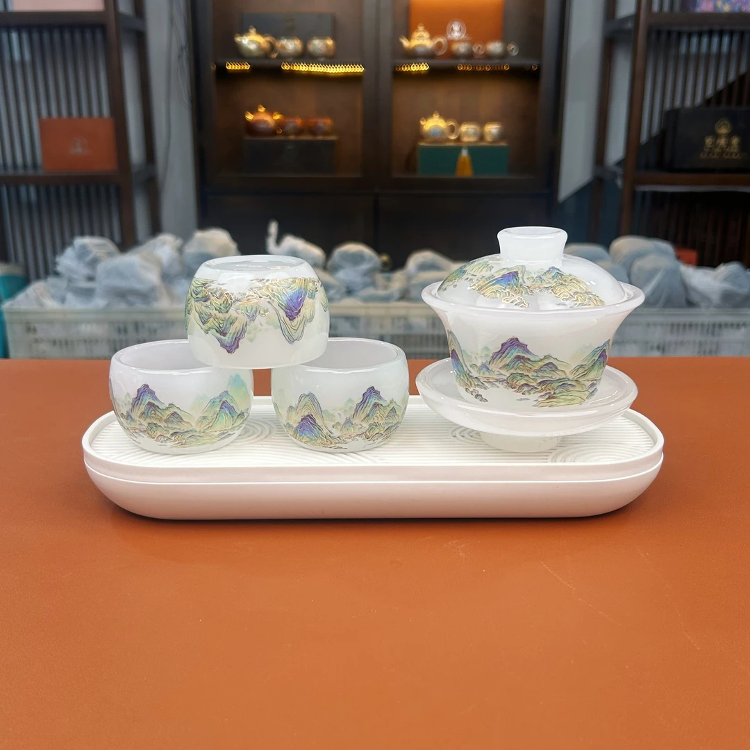 青山琉璃盖碗+青山琉璃客杯*3+密胺白色小茶盘ZH3540