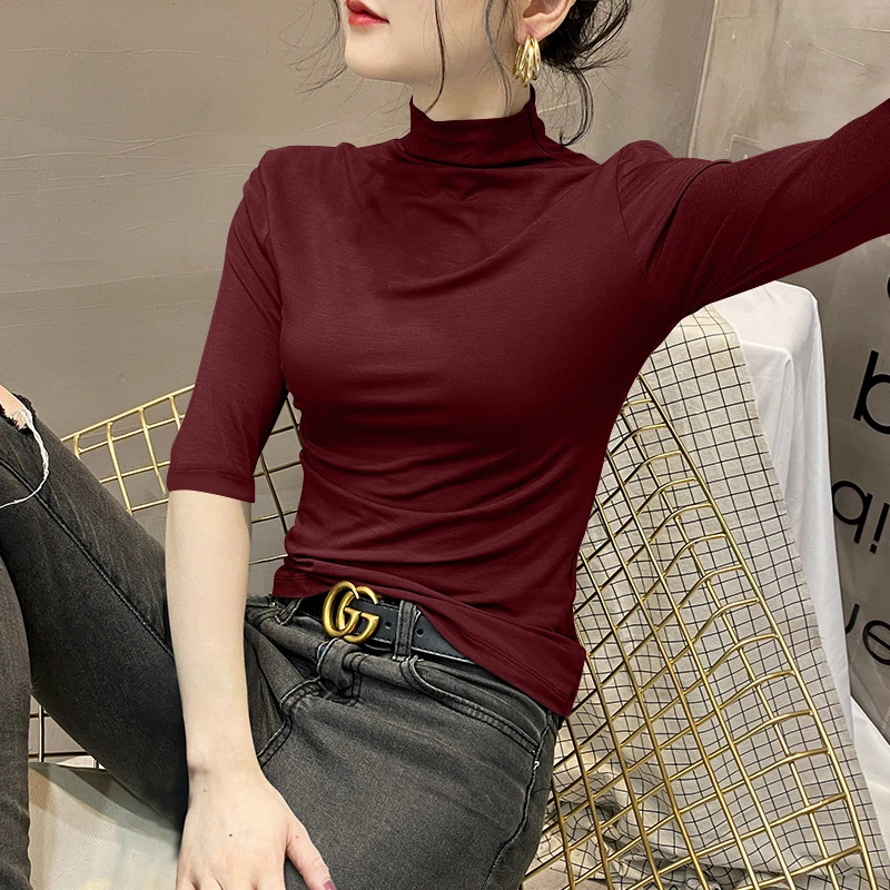 螺纹短袖t恤女2025新款春夏高贵高级感流行半高领打底衫内搭上衣