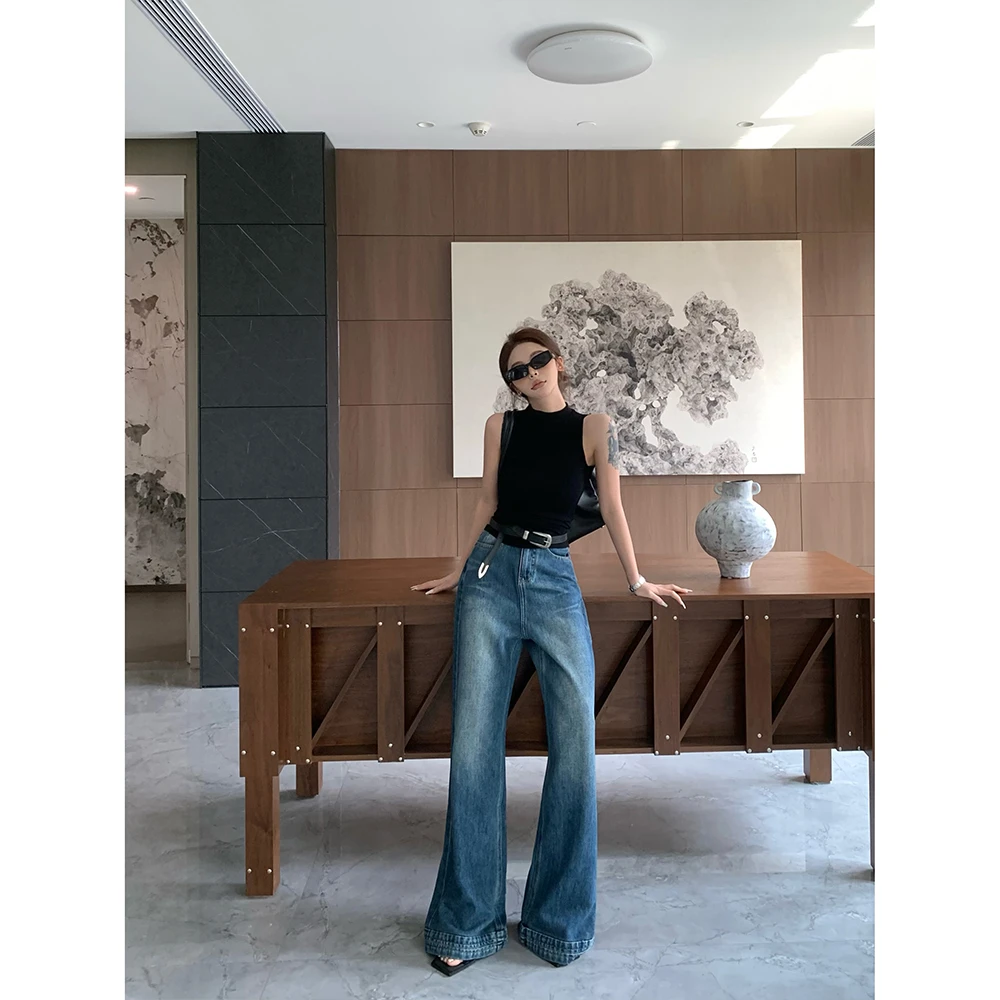 女孩阔腿牛仔裤子女2025秋季新款高腰宽松复古小个子直筒拖地裤子