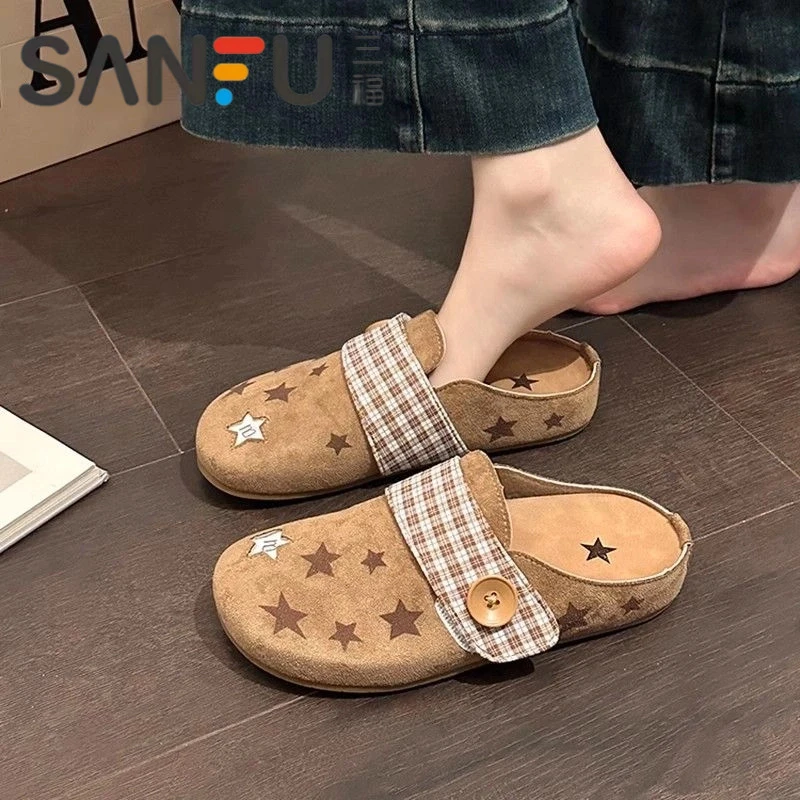 三福星星勃肯鞋女款2025年夏季新款外穿一脚蹬包头半拖鞋懒人单鞋