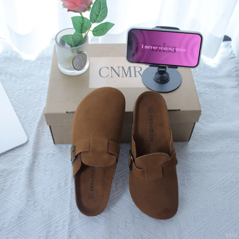 休闲爆款包头鞋皮拖鞋秋款小白鞋平底半拖女款勃肯百搭清库存软底