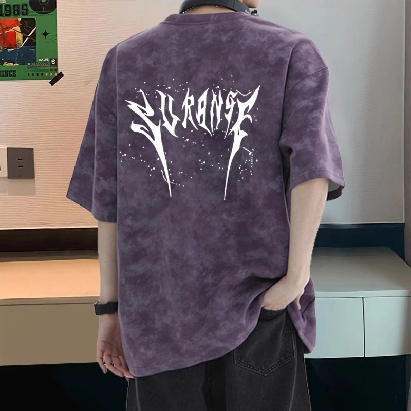 潮牌美式扎染纯棉短袖t恤男生夏季大码宽松慵懒痞帅休闲印花半袖