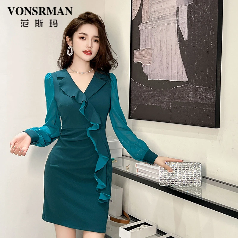 荷叶边v领连衣裙2025春季新款气质御姐范修身小个子显高包臀短裙