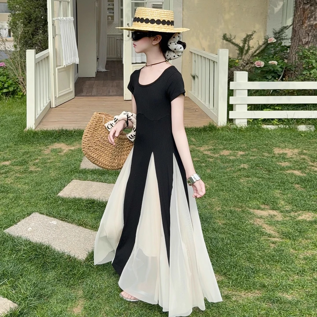 女童连衣裙儿童法式气质拼接纱裙2025洋气女孩中大童撞色洋气裙子