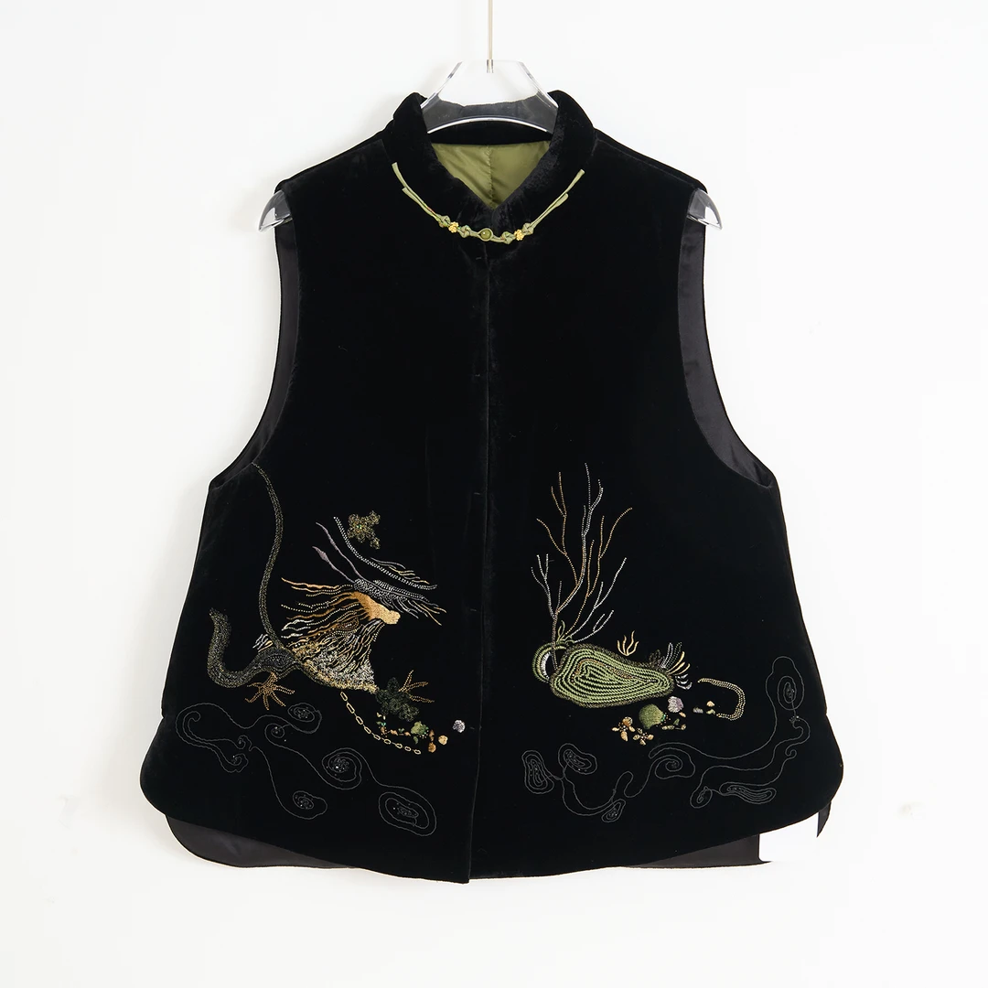 真帛 100桑蚕丝 新中式国风 黑色奢华高级感丝绒马甲 孤品 9100