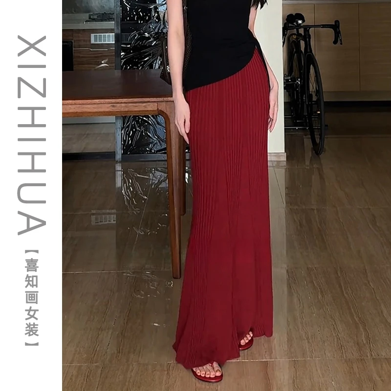 夏季新款网红洋气炸街高级感女装针织半身裙高腰显瘦红色气质长裙