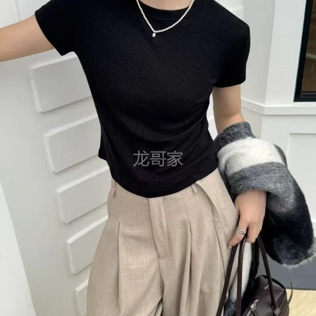 三可～早秋新款经典款羊绒螺纹短袖上衣8169