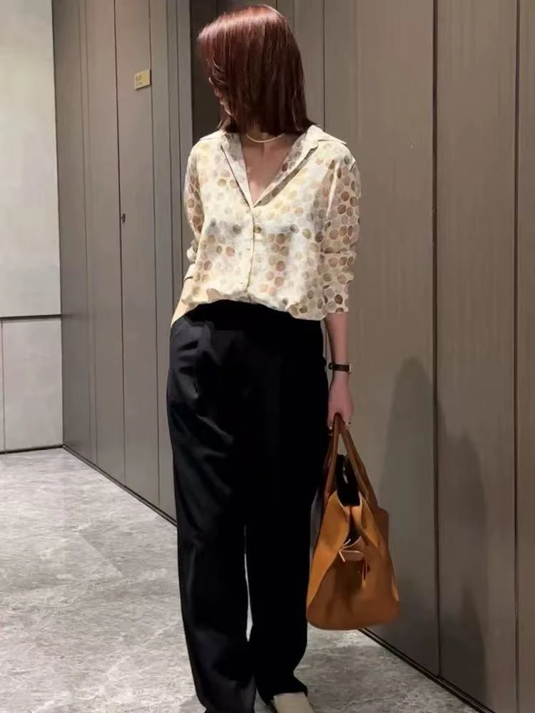 插画师系列圆点印花衬衫女宽松通勤衬衣10076