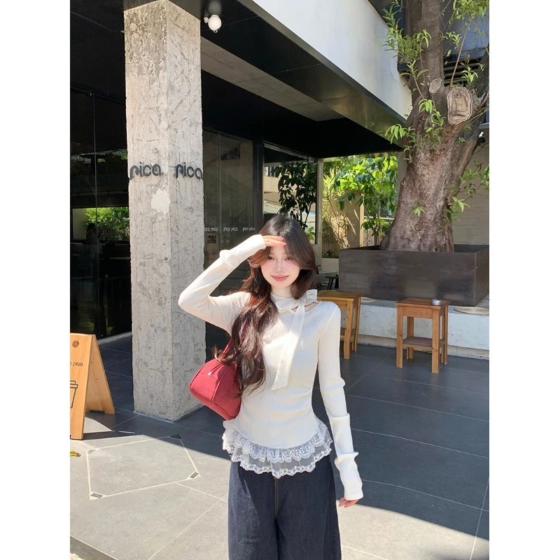 秋冬季新款白色蕾丝半高领蝴蝶结叠穿修身长袖女款T恤