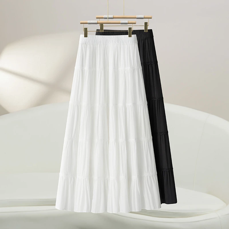 2025夏季新款蕾丝花边多层拼接褶皱中长款A字显瘦大摆半身裙裙子