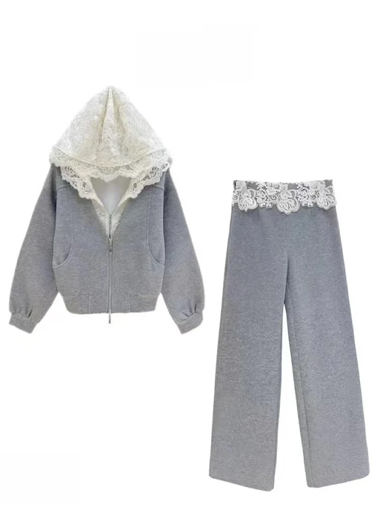 连帽套装女个性休闲蕾丝帽子运动卫衣套装洋气时髦潮