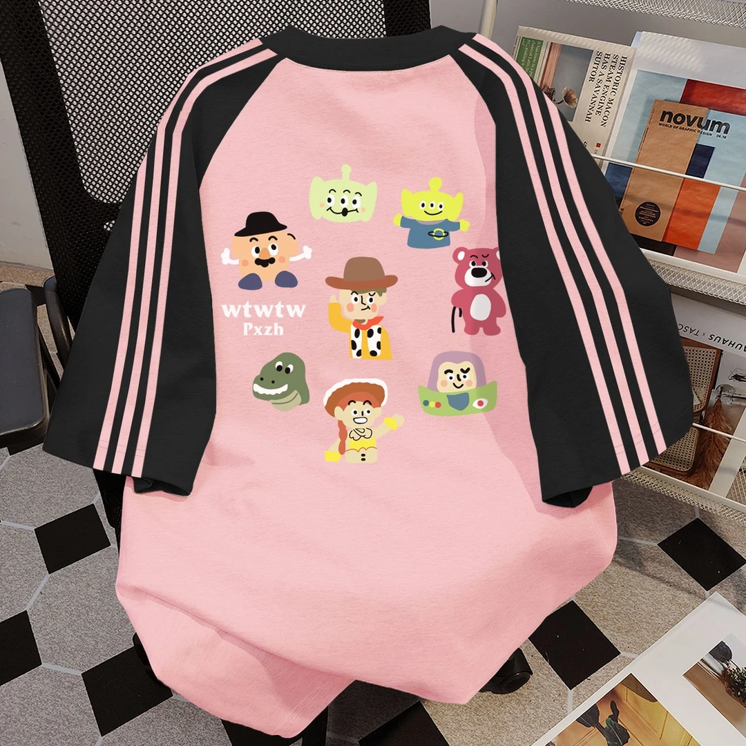 100%纯棉2025美式复古字母甜美三条杠短袖t恤女夏季小众情侣上衣