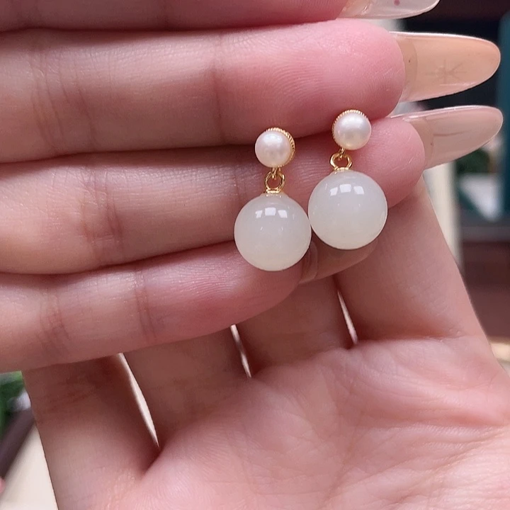 和田玉银S925镶嵌耳饰