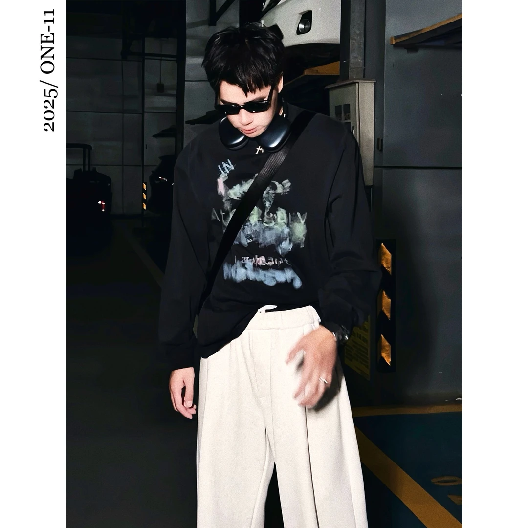 美式高街潮牌长袖T恤百搭男款春秋季复古打底单穿小领口内搭上衣