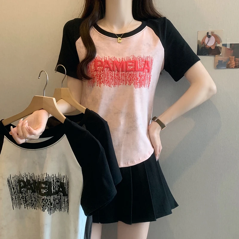 印花扎染短袖上衣遮肚子大码女装夏季设计感插肩袖百搭正肩T恤潮