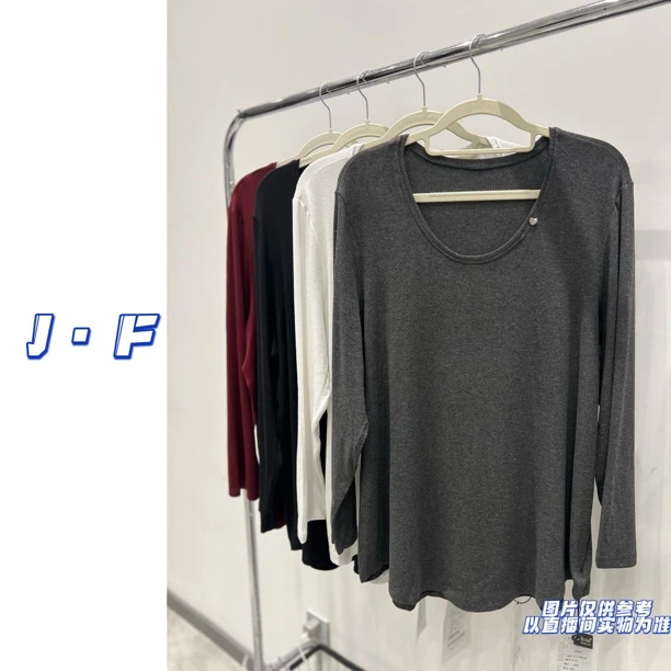 JF定制大码女装9791纯色圆领弹力宽松百搭爱心长袖打底上衣