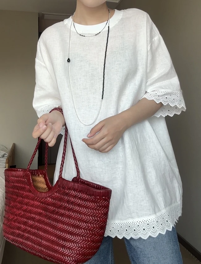 亚麻蕾丝拼接小立领短袖休闲设计感宽松T恤