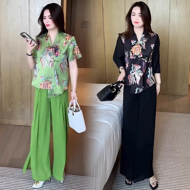 新中式时尚套装女2025夏季新款洋气盘扣短袖上衣阔腿裤国风两件套