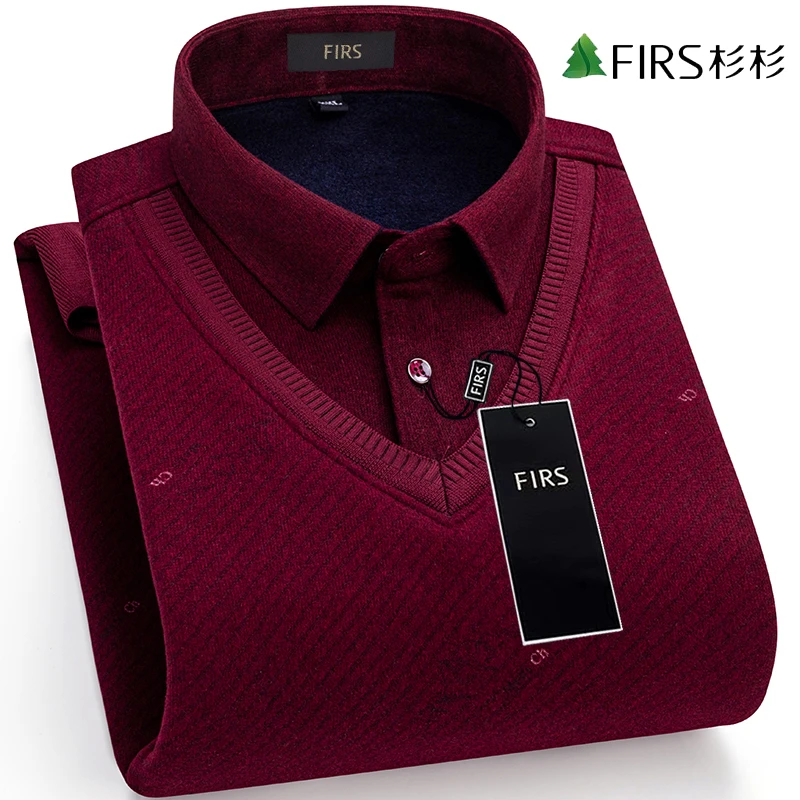 【针织加绒】杉杉保暖衬衫男纯色冬季休闲中青年爸爸假两件加厚衬衣
