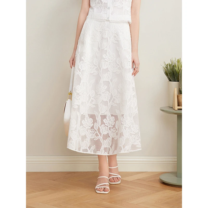 Goodland美地女装2025夏季鸢尾剪花刺绣蕾丝A字半身裙LC35250050