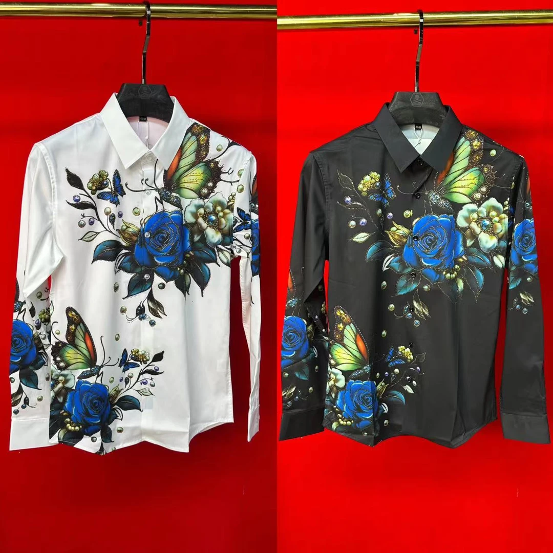 摩登25新款男秋冬高品质欧货蓝玫瑰印花无缝轻奢长袖衬衫72594