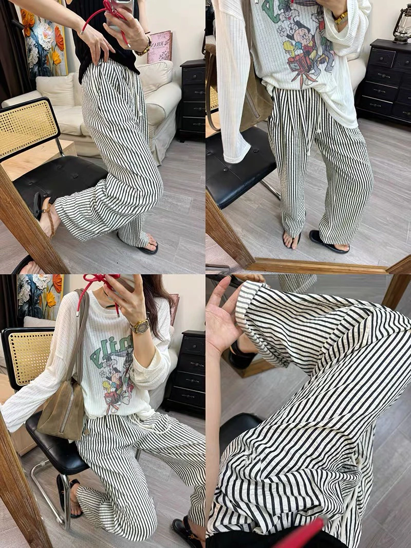 灰灰呀！遛弯神裤！韩系百搭条纹泡泡棉抽绳阔腿休闲裤