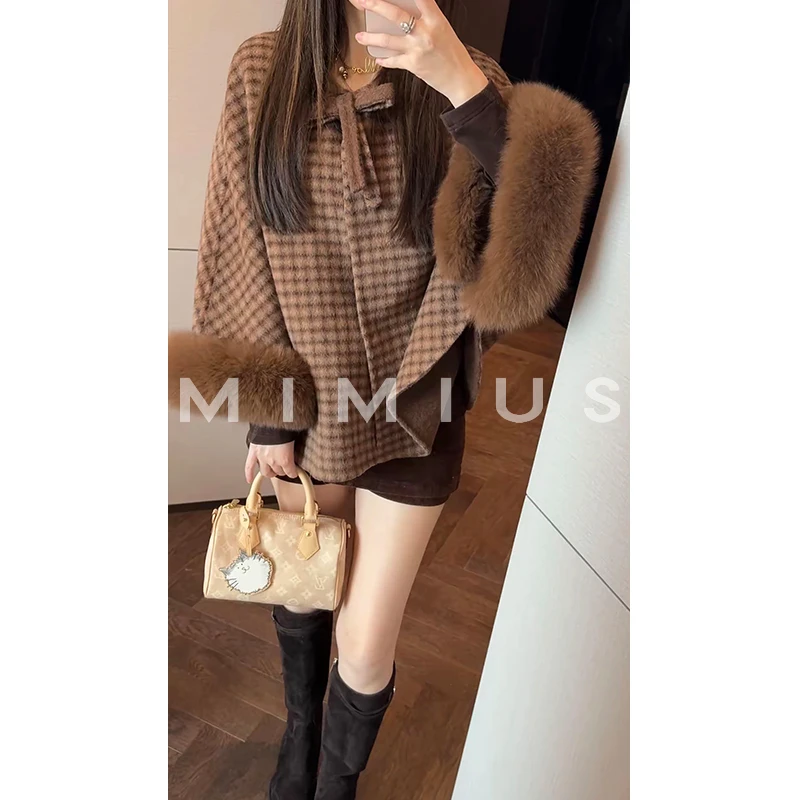 【mimius】喵喵 高奢狐狸毛复古格纹斗篷羊毛双面呢外套 G10010