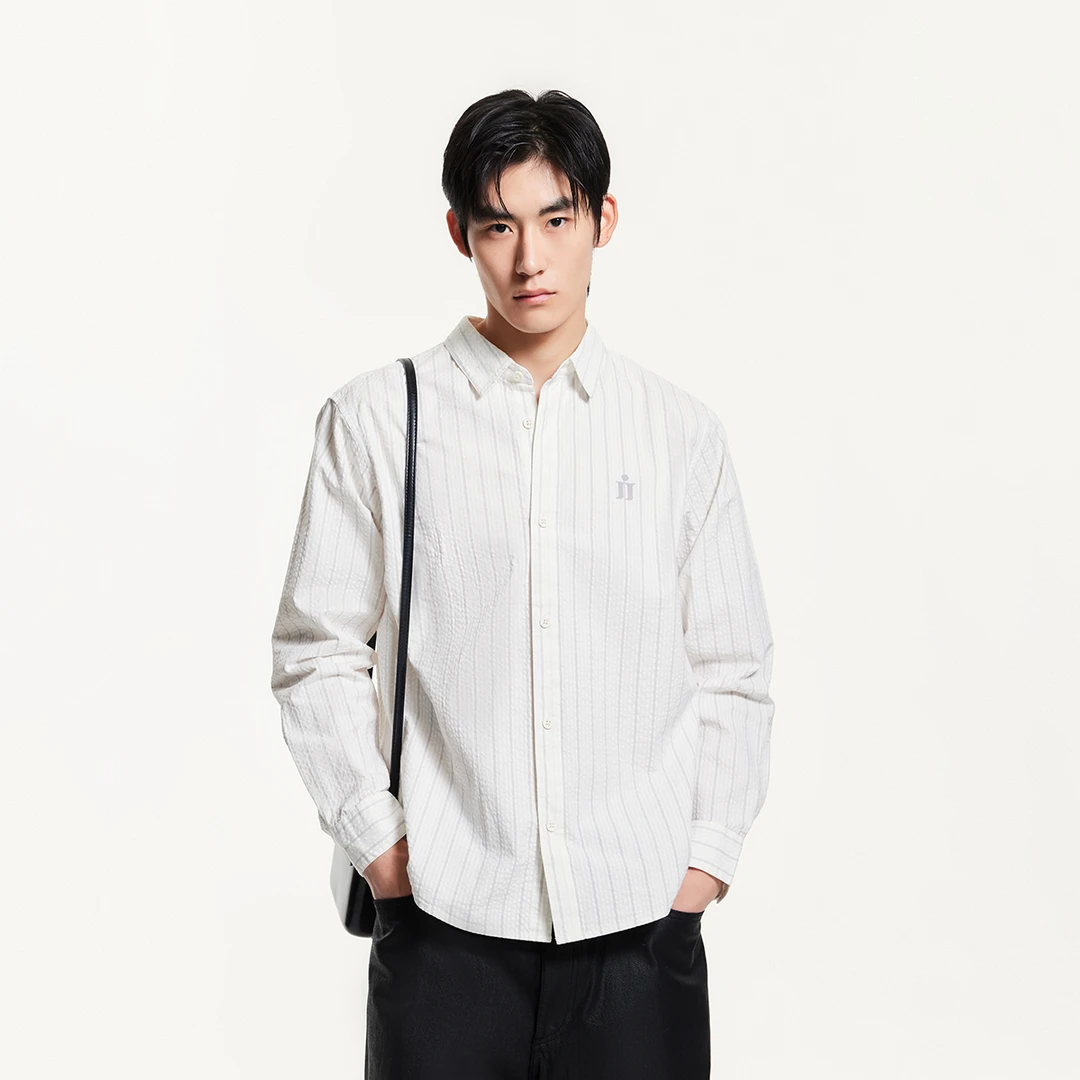 杰克琼斯春季新款男士长袖衬衫免烫质感泡泡纱宽松翻领舒适男装