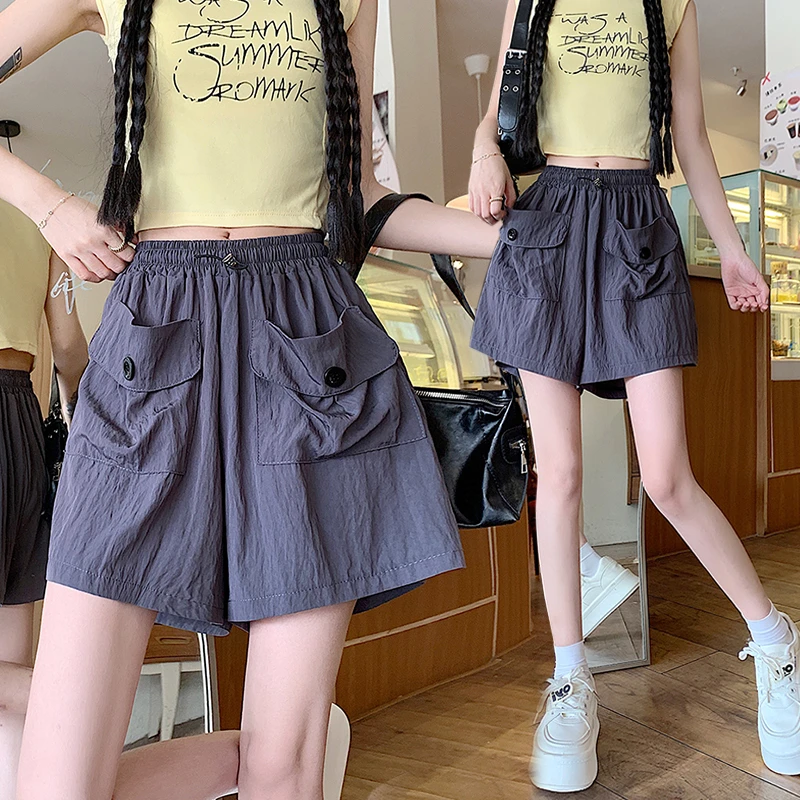 夏季薄款短裤设计感双口袋工装裤女宽松阔腿休闲裤大码200斤显瘦