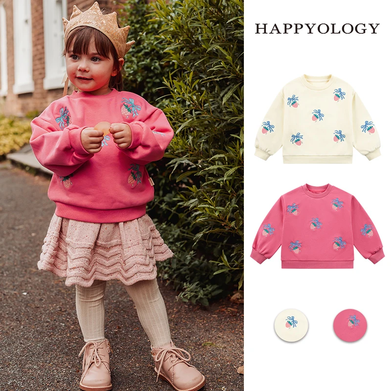 Happyology英国儿童秋冬装新款女童上衣童装满绣落肩圆领长袖卫衣