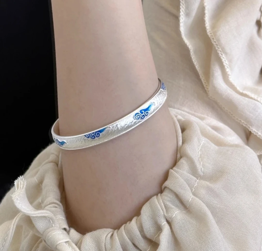 足银手镯 足银9999烧蓝景泰蓝青云祥云珐琅彩古风复古轻奢银手镯