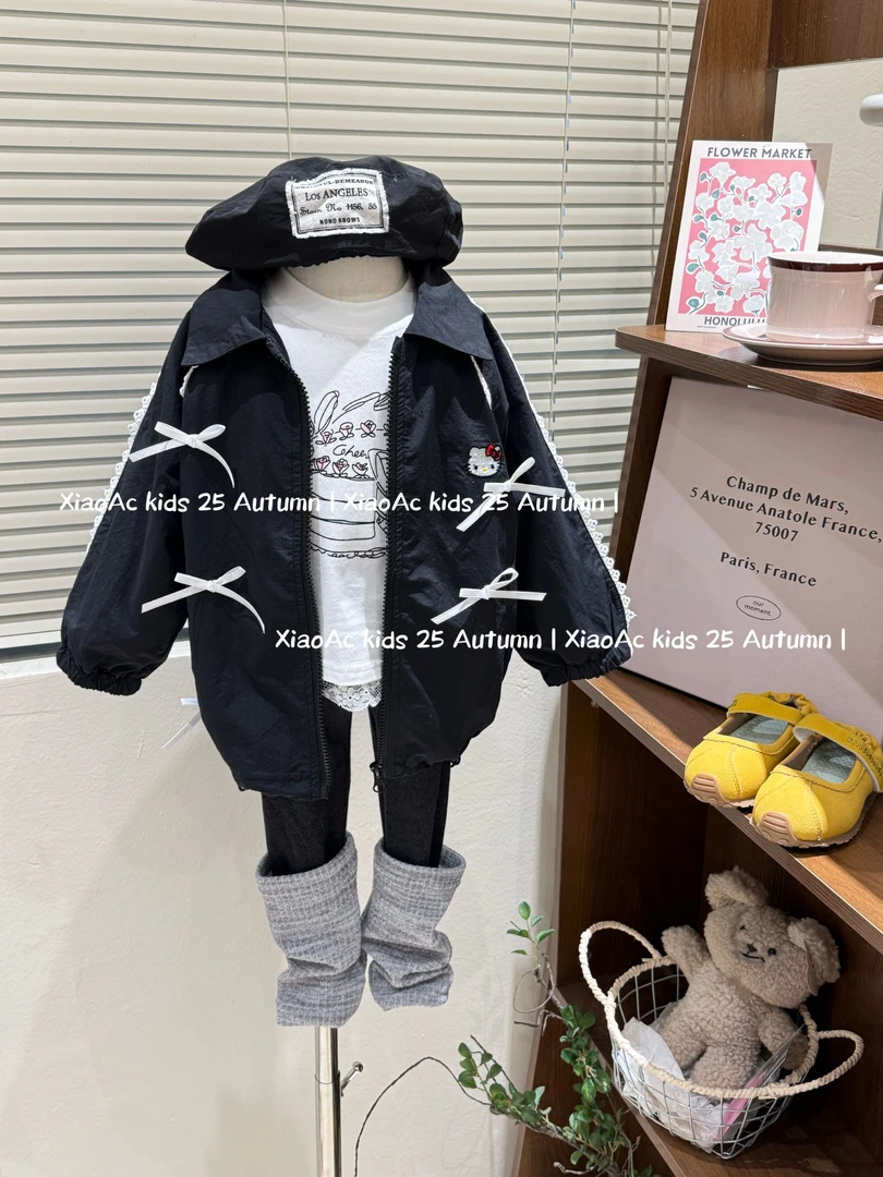 韩系女童2025秋季新款洋气卡通刺绣蝴蝶结外套女宝简约百搭夹克