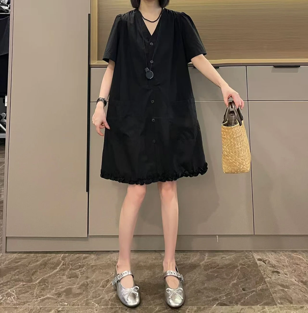 米可/MK-2392ZJ【复古洋气木耳边V领连衣裙】时尚夏季新款连衣裙