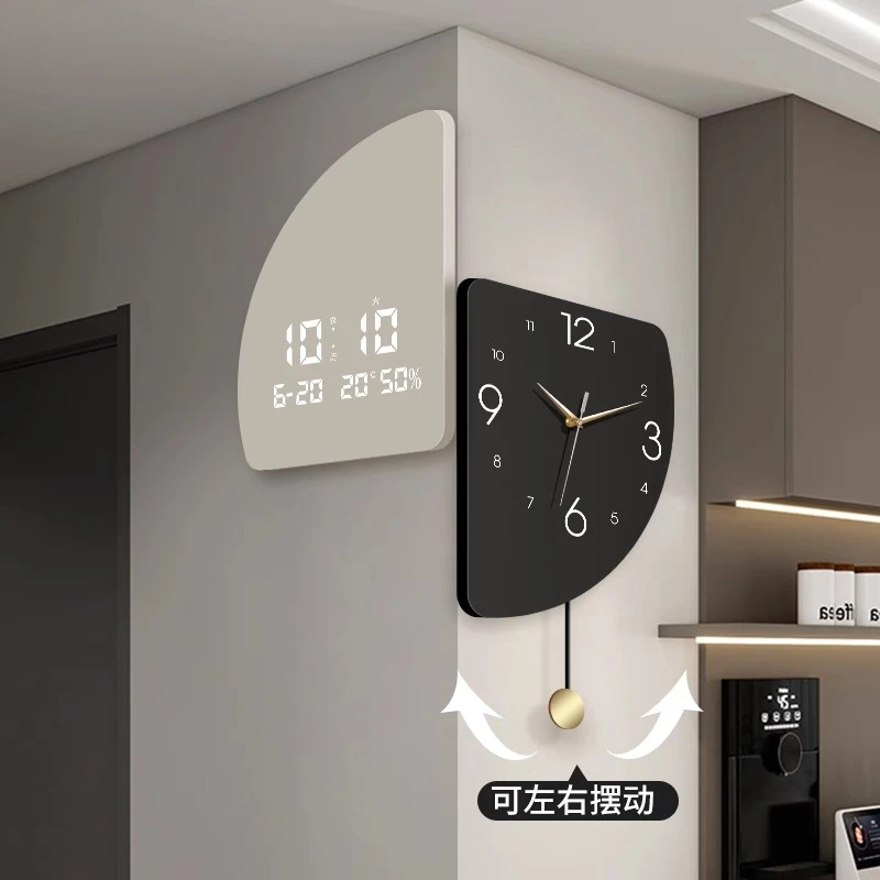 极简岁月 黑白极简拐角双面挂钟客厅2025新款创意摇摆电子时钟表