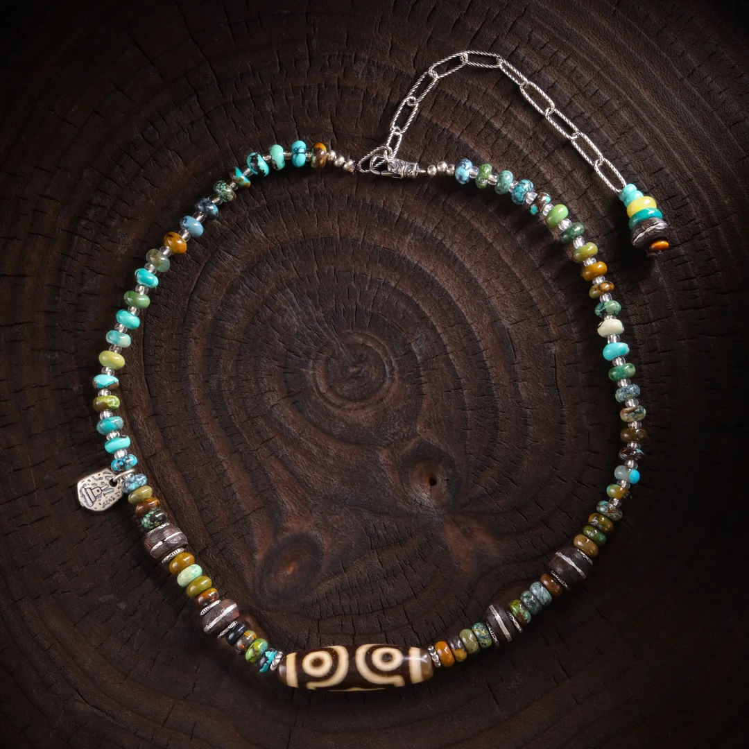 吊坠足银 N18541几何桶珠佛像蓝绿色串珠项链