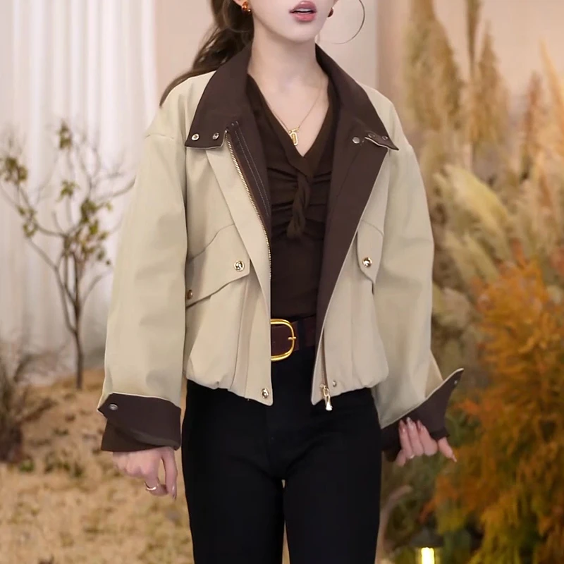 卡其色简约通勤撞色短款外套女秋季新款宽松休闲百搭工装夹克上衣