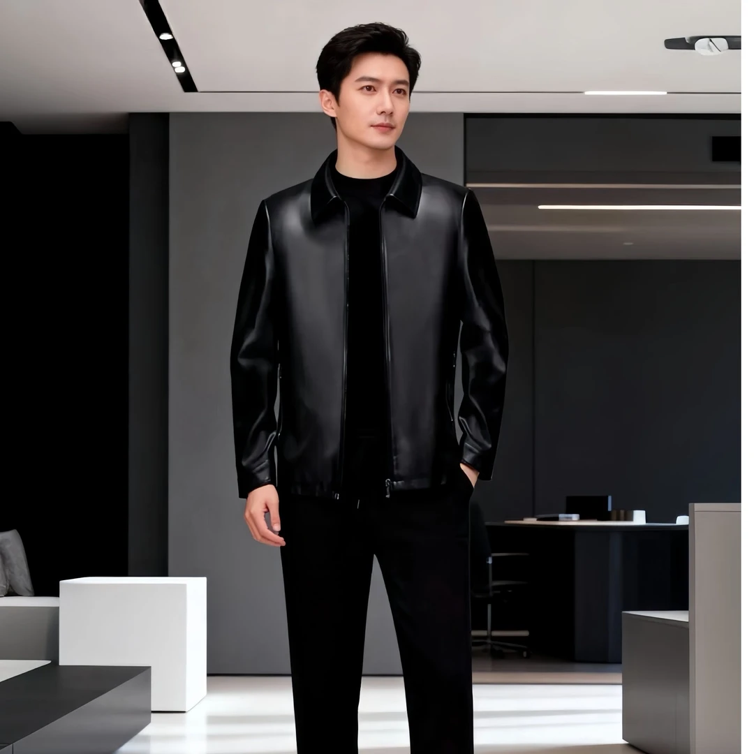 男士时尚休闲翻领皮衣秋冬款加绒拉链经典简约男款