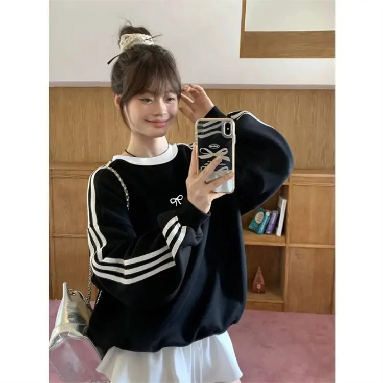 潮流运动风时尚百搭ins三条杆长袖加绒加厚宽松慵懒风圆领上衣ins