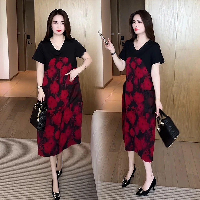妈妈装夏款遮肚子显瘦连衣裙2025新款大码中长裙拼接印花短袖裙子