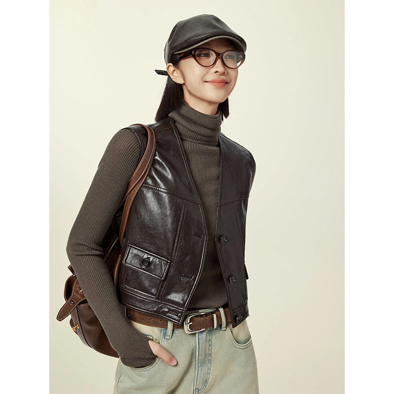 美洋MEIYANG费列罗马甲仿油蜡_V领短款显高百搭叠穿PU皮马夹