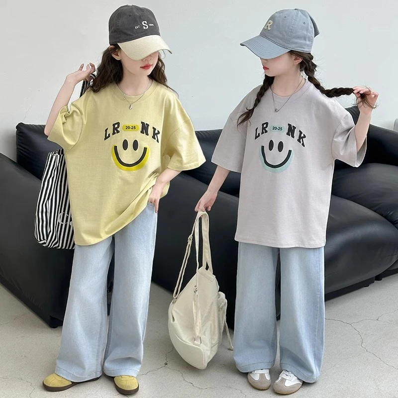 女童短袖T恤夏装2025新款超好看儿童宽松体恤中大童笑脸半袖套装