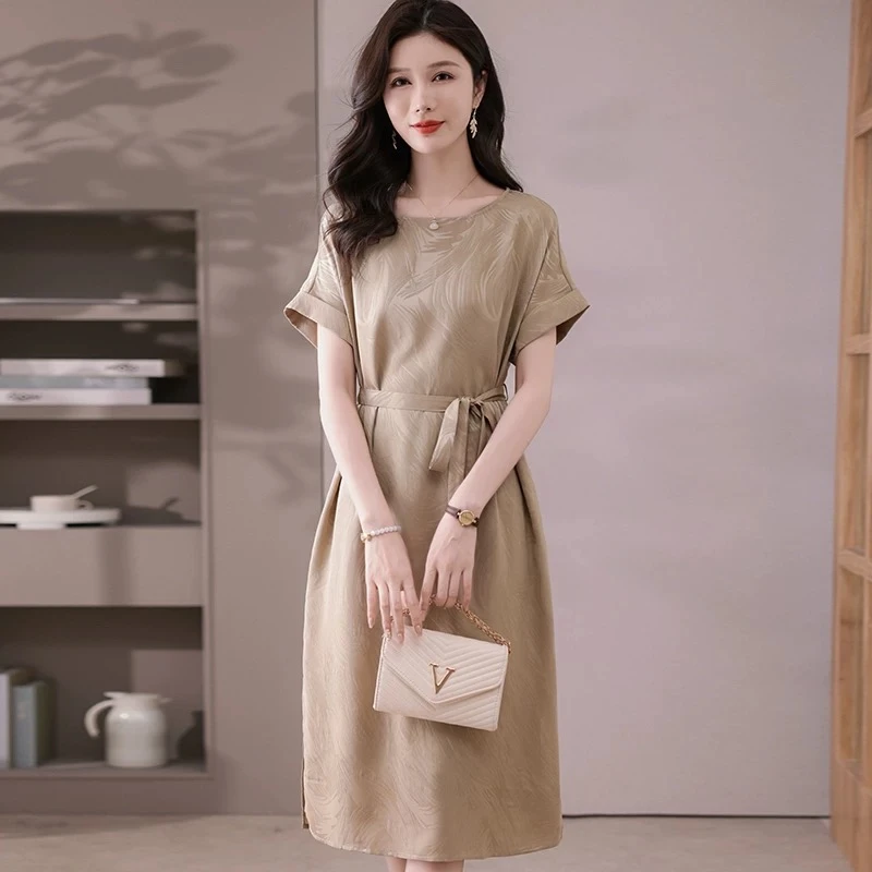 【撤柜价】Y1093侧开叉蚕丝连衣裙圆领插肩袖2025夏装新款长款裙子