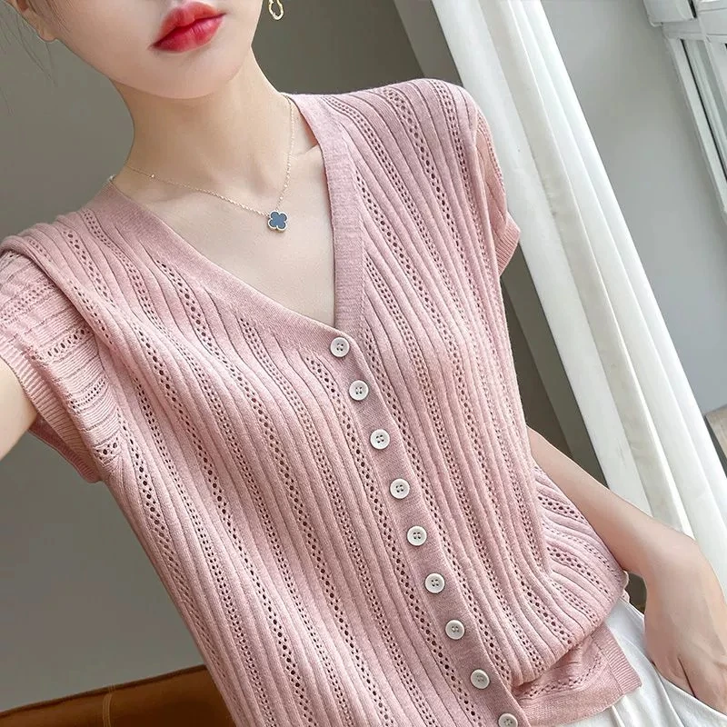 品质折扣夏季爆款镂空V领短袖韩版修身洋气时尚百搭显瘦针织衫T恤