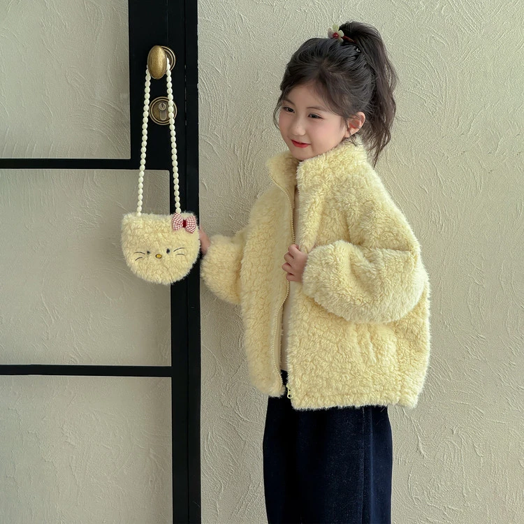 女童冬装外套2025新款洋气女宝宝冬季羊羔绒毛毛衣儿童秋冬款棉服