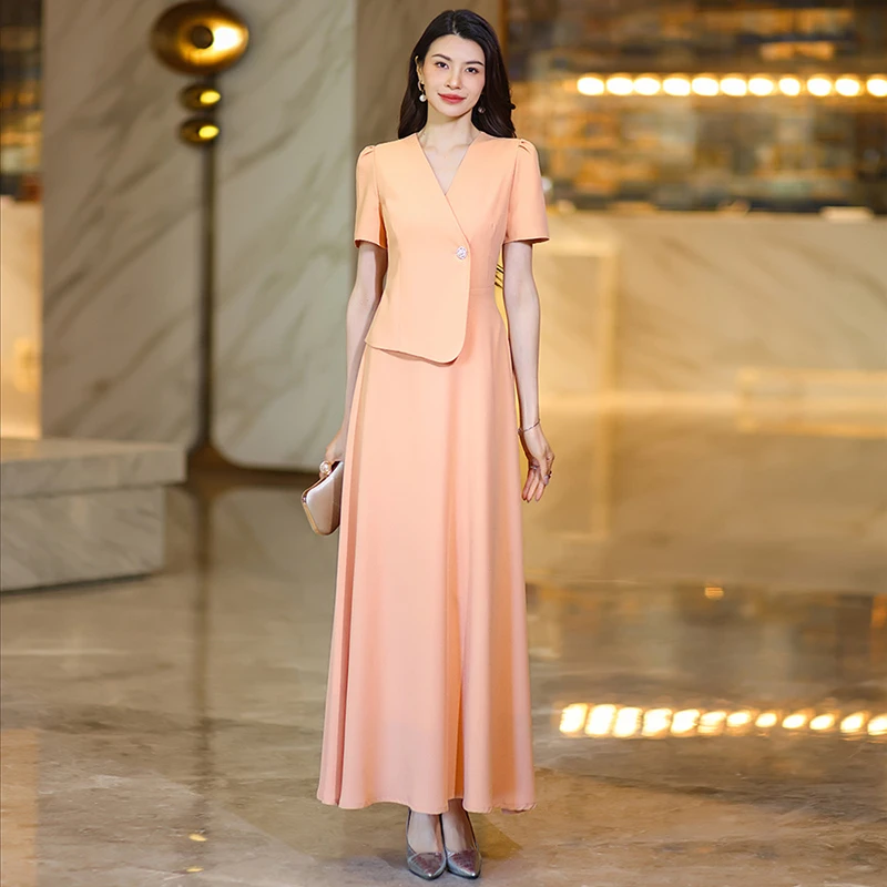 时尚V领短袖连衣裙假两件套长款气质收腰高级感裙子女装夏季新款