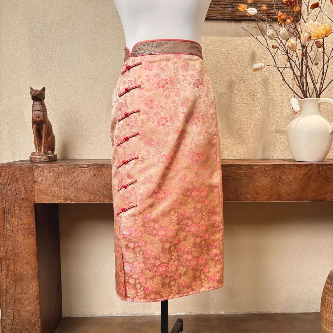 新中式宋锦春夏长款国风气质印花开叉时尚女装半身裙240501