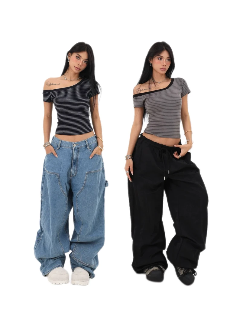 BLINGGIRLS“海岸阳光”自制条纹撞色领口斜肩显瘦辣妹短袖上衣