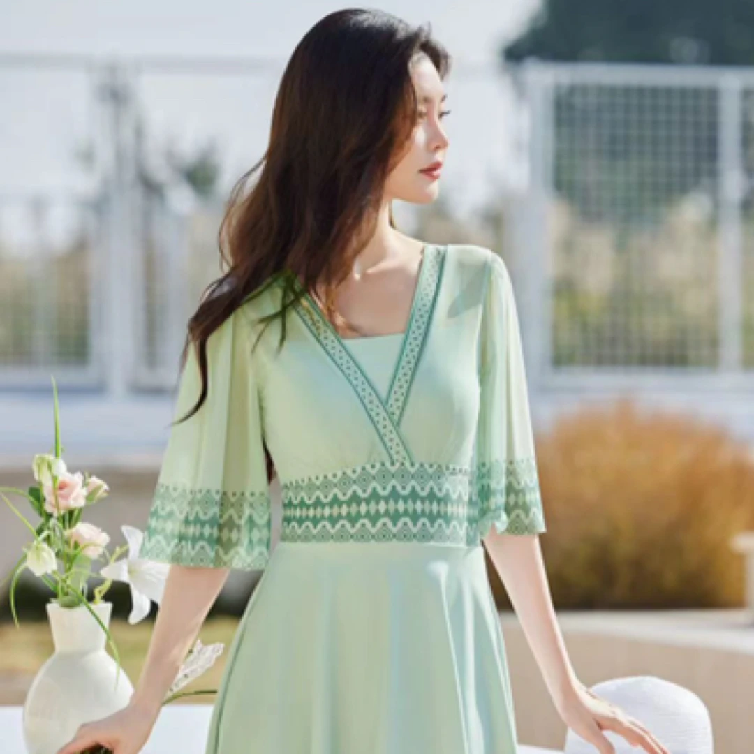 新款连体裙式游泳衣女国风气质温泉游泳装备0065