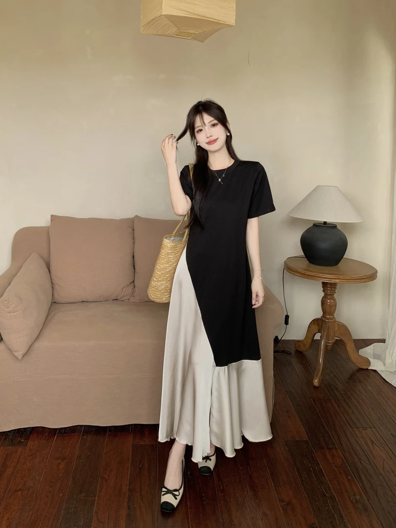 孕妇连衣裙2025新款夏季时尚洋气宽松法式拼接短袖长裙夏款孕妇裙