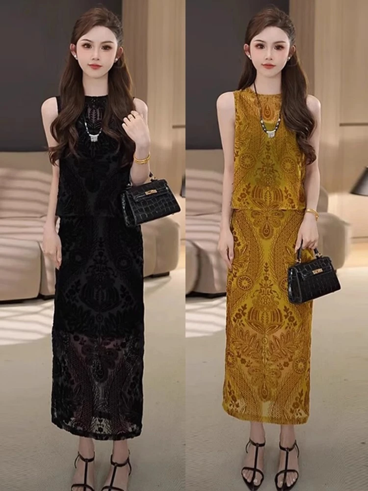 时尚套装裙女夏季新款高级感提花设计无袖上衣开叉半身裙两件套